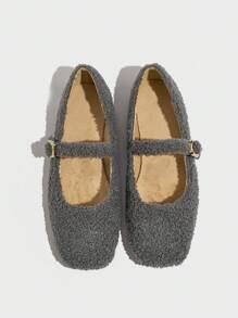 带毛衬里的黑色平底鞋，软底芭蕾平底鞋，女式方头时尚一脚蹬乐福鞋 - 灰色 - 查看 4