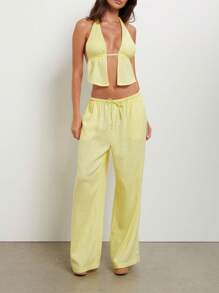 Women Summer Pants Outfits Stripe Tie-Up Halter Neck Backless Sleeveless Tank Tops Wide-Leg Pants 2 Pieces Clothes Set - Màu vàng - Xem 4