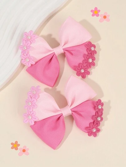 2pcs Pink Hair Clips, Satin Bow, Alligator Clips, With Flower And Faux Pearl Decor, Elegant Hair Accessories, Butterfly Hair Clips For Girls, Holiday Gift, Hair Clips, Teens Hair Accessories