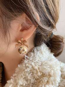 1 Pair Fashionable & Elegant Colorblock Retro Leopard Print Bowknot & Fluffy Ball Dangle Earrings For Women