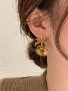 1 Pair Fashionable & Elegant Colorblock Retro Leopard Print Bowknot & Fluffy Ball Dangle Earrings For Women