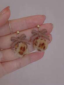 1 Pair Fashionable & Elegant Colorblock Retro Leopard Print Bowknot & Fluffy Ball Dangle Earrings For Women