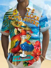 Hawaiian Parrot Cocktail Print Button-Up Casual Shirt, Plus Size Men
