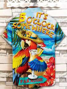 Hawaiian Parrot Cocktail Print Button-Up Casual Shirt, Plus Size Men