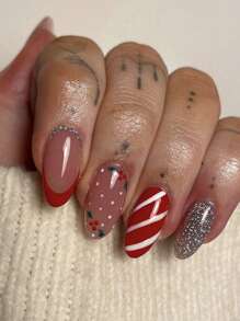 Bộ 24 móng tay dài hình quả hạnh nhân dùng để trang trí móng tay Giáng sinh, có móng tay giả lấp lánh màu bạc cho Giáng sinh, đồ trang trí móng tay DIY dễ thương, thích hợp làm quà tặng Giáng sinh cho bạn bè và người thân - Nhiều màu - Xem 1