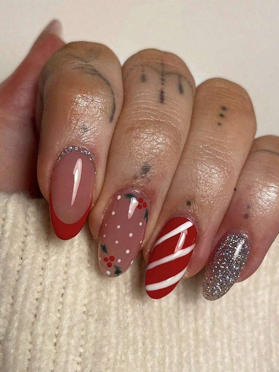 Bộ 24 móng tay dài hình quả hạnh nhân dùng để trang trí móng tay Giáng sinh, có móng tay giả lấp lánh màu bạc cho Giáng sinh, đồ trang trí móng tay DIY dễ thương, thích hợp làm quà tặng Giáng sinh cho bạn bè và người thân - Nhiều màu - Xem 1