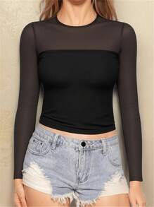 女士网纱长袖上衣，圆领性感透视修身T恤，适合户外穿着 - 黑色 - 查看 1