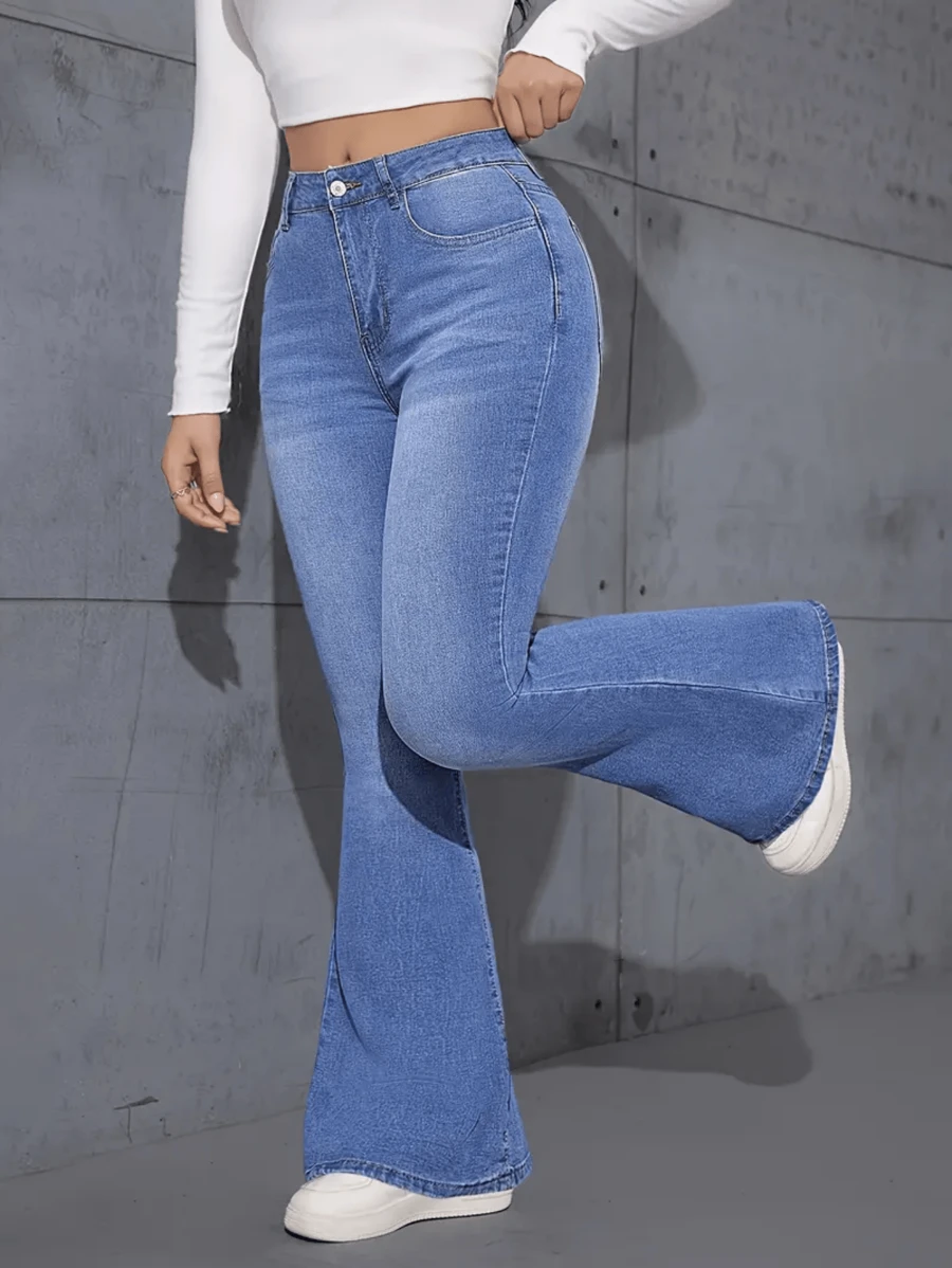 Every Day Stretchy Flared Leg Jeans, Casual Stylish Bell-Bottom Pants For Women's Clothing & Denim - Blue - View 1