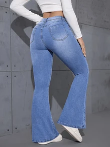 Every Day Stretchy Flared Leg Jeans, Casual Stylish Bell-Bottom Pants For Women's Clothing & Denim - Blue - View 3