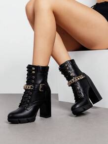 Women's Ankle Boots Lace Up Platform Boots Chunky Heel Knight-Style Boots Chain Decoration Metallic Buckle Punk-Inspired Ankle Boots With Non-Slip Lug Sole - 黑色 - 查看 1