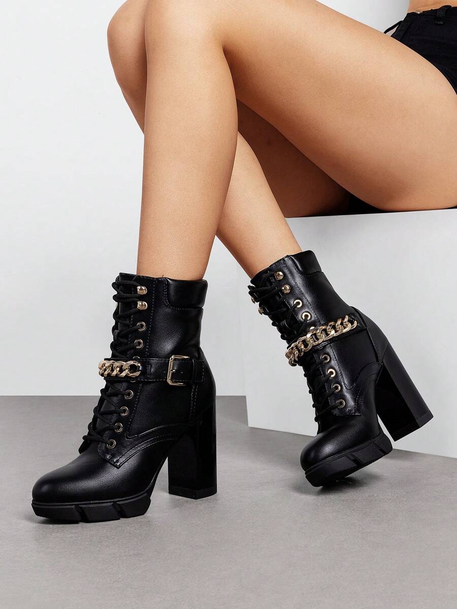 Women's Ankle Boots Lace Up Platform Boots Chunky Heel Knight-Style Boots Chain Decoration Metallic Buckle Punk-Inspired Ankle Boots With Non-Slip Lug Sole - 黑色 - 查看 1
