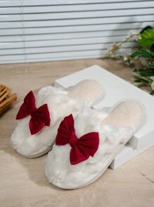女士秋冬季蝴蝶结装饰拖鞋，舒适温暖的室内家居拖鞋，适合卧室、客厅、宿舍 - 酒紅色 - 查看 5