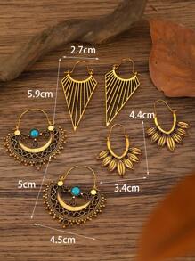 3 Pairs Vintage Bohemian Hollow Flower & Geometric Line Design Earrings Set, Suitable For Women Everyday Wear Valentines - Yellow Gold - View 6