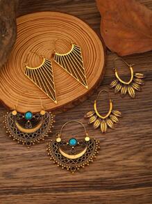 3 Pairs Vintage Bohemian Hollow Flower & Geometric Line Design Earrings Set, Suitable For Women Everyday Wear Valentines - Yellow Gold - View 2