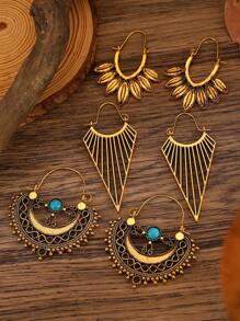 3 Pairs Vintage Bohemian Hollow Flower & Geometric Line Design Earrings Set, Suitable For Women Everyday Wear Valentines - Yellow Gold - View 3
