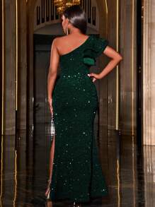 Faeriesty Ruffled Shoulder Slit Sequin Party Dress - Dark Green - View 3