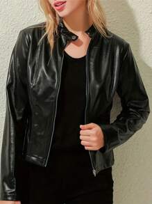 Cremallera de piel para mujer chamarra negra,Alta calidad chamarras de piel - Negro - Ver 5