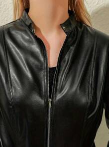 Cremallera de piel para mujer chamarra negra,Alta calidad chamarras de piel - Negro - Ver 4