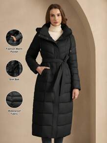 ZIAI High Quality Solid Color Hooded Slim Fit Long Down Jacket, Winter - Black - View 8