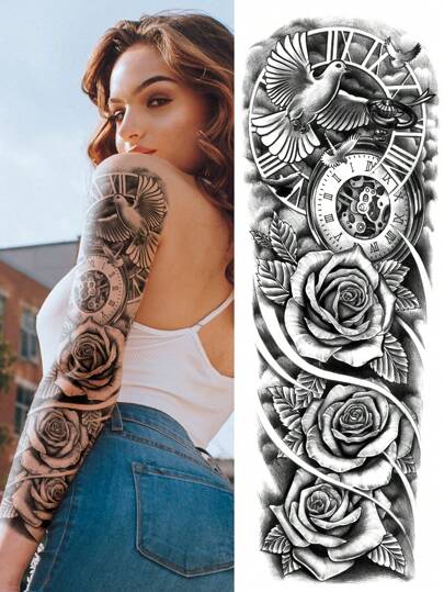 1 Sheets Extra Large Full Arm Size Body Art Temporary Tattoo Stickers For Men And Women, Black 3D Pigeon Clock Eagle Phoenix Rose Street Style Pattern, Waterproof Fake Sleeves Tattoos, Lasts 2-5 Days, Covering Scars, Can Be Used On Arms Wrist Shoulders Legs Waist Neck Hand Chest Thighs Finger, Best Friend Couple Party Tattoo