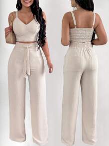 2pcs/set de las mujeres de color sólido V-cuello corto halter camiseta y pantalones de cintura elástica de pierna recta, tirantes espaguetis sin mangas delgado top y pantalones sueltos con cordones, traje de moda casual de vacaciones - Blanco - Ver 2
