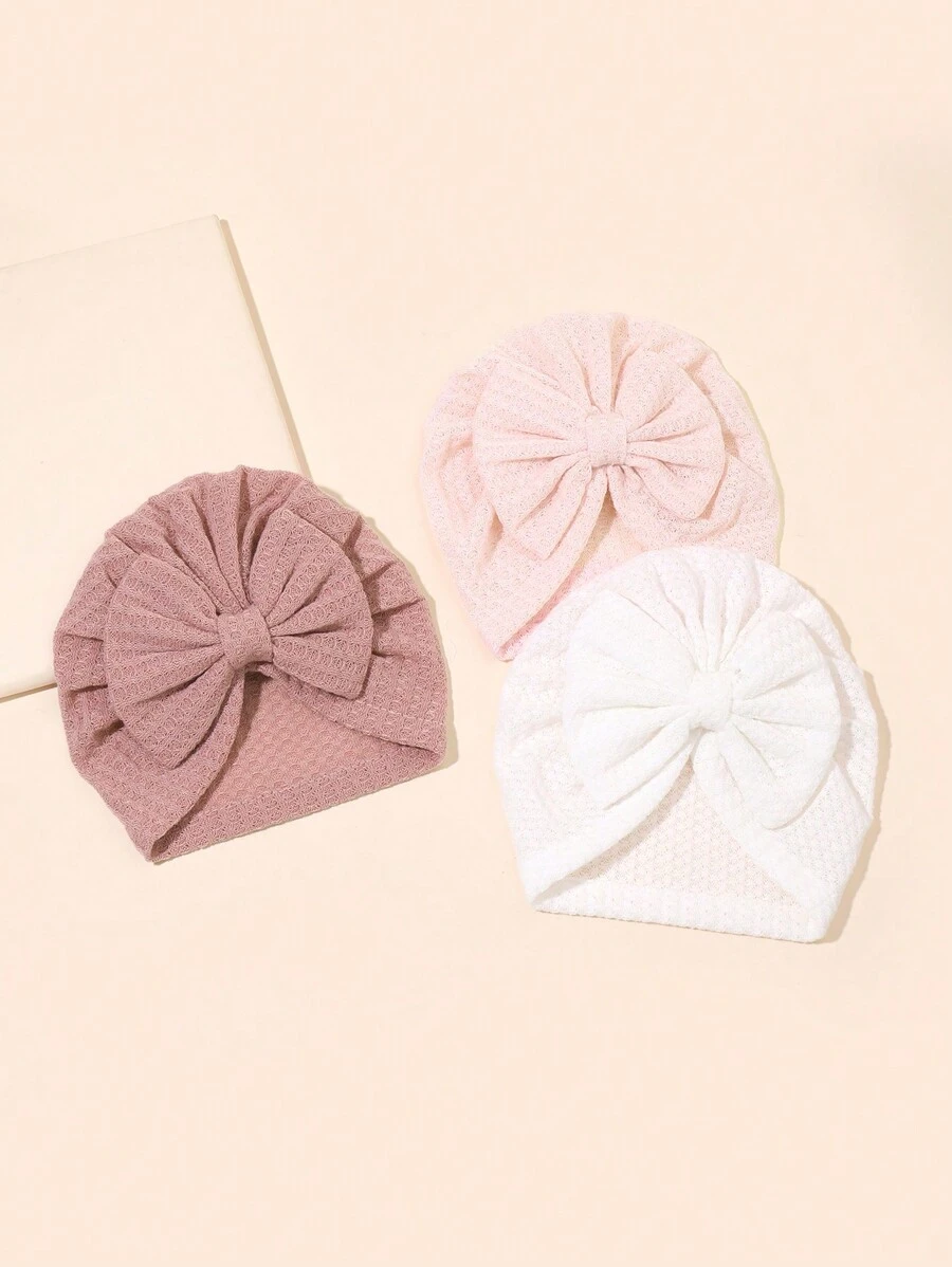 Newborn Baby Waffle Bow Headband Hat Set, Cute Turban Headwrap Cap For Infant
