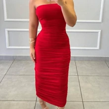 Women's Draped Angel Strapless Suplex Dress Spring Summer Stylish Fashion - 紅色 - 查看 5