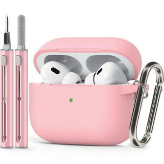 Étui pour écouteurs Bluetooth rose et housse de protection compatible avec Apple, livré avec un set de brosses de nettoyage
