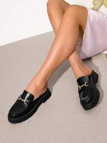 Women Mules Platform Slippers Metal Horse-Bit Slip On Round Toe Chunky Retro Fashion Comfortable Commuting Business Casual Shoes - 黑色 - 查看 4