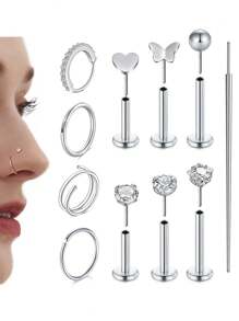AVYRING 11 Stücke Nasenpiercing-Set aus chirurgischem Stahl, Nasenringe, Nasenstecker, Labret Stecker, Lippen-Piercing, flacher Rückseite Knorpelohrringe, Tragus, Helix Piercingschmuck