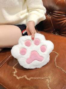 1 件可爱柔软毛绒刺绣猫爪链条斜挎包轻便便携单肩包适合女孩和学生度假和户外和秋冬季和购物和日常使用和秋冬季 - 白色 - 查看 9