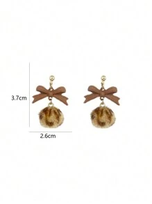 1 Pair Fashionable & Elegant Colorblock Retro Leopard Print Bowknot & Fluffy Ball Dangle Earrings For Women