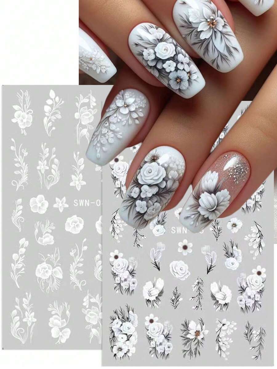 2片装5D蕾丝花卉美甲贴纸，白色优雅玫瑰花瓣和叶子图案，DIY自粘凝胶指甲油贴纸，美甲装饰 - 彩色 - 查看 1