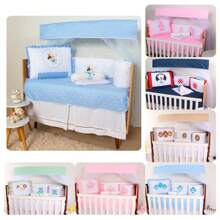 10 Piece American Crib Kit With Embroidered Side Protector For Boys And Girls - Blue Horse Bear - View 1