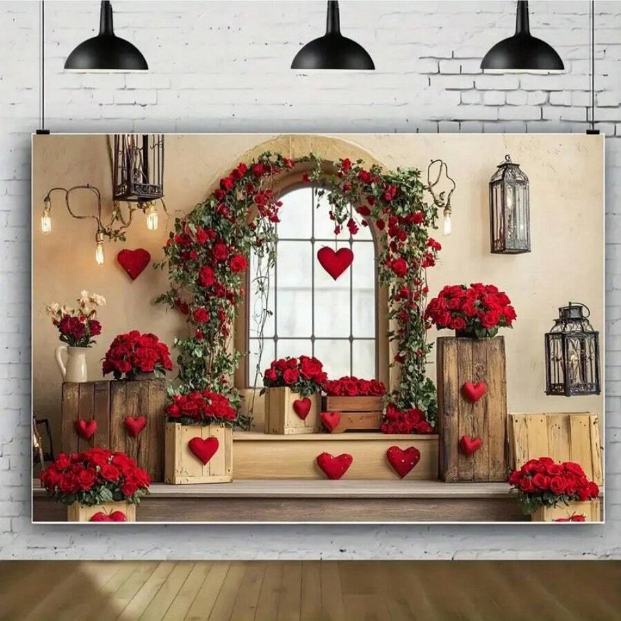 Valentine's Day Rose Background Banner - Perfect For Weddings, Anniversaries, And Birthdays - No Power Required, Polyester Material - Multicolor - View 1