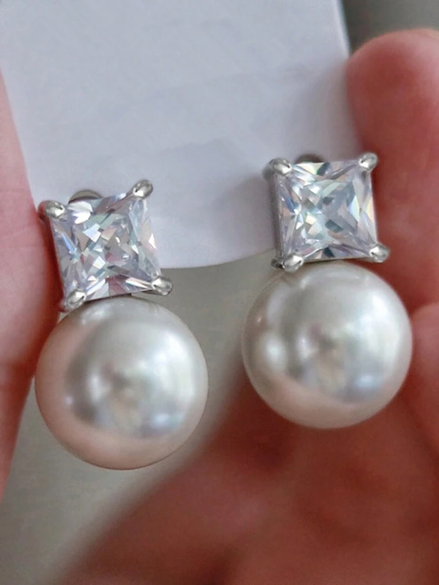 1 Cặp bông tai đính đá Cubic Zirconia & ngọc trai giả thanh lịch dành cho phụ nữ dùng cho tiệc đính hôn, kỷ niệm ngày lễ tình nhân, trang sức - 1 # - Xem 1