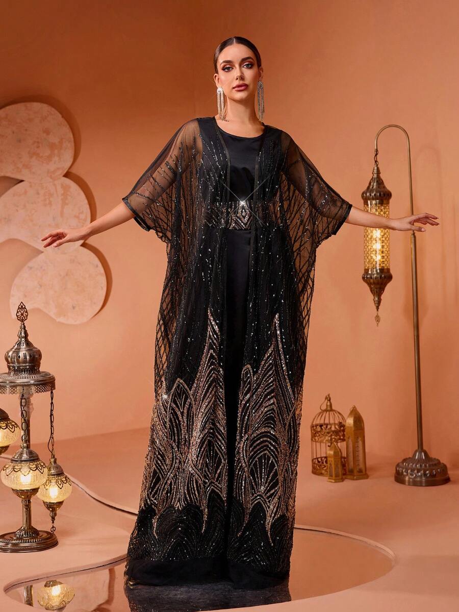 New High-End Elegant Women Sequin Lace And Mesh Patchwork Long Robe Dress