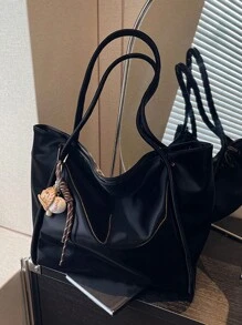 Yogodlns 女士手提包带绳包钥匙扣包流苏装饰仿皮手提包大容量托特包女士单肩包上班通勤手提包学生手提包女装书包 - 黑色 - 查看 6