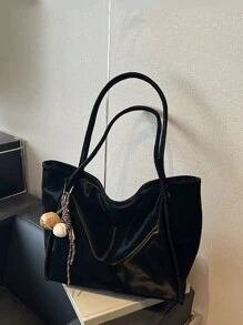 Yogodlns 女士手提包带绳包钥匙扣包流苏装饰仿皮手提包大容量托特包女士单肩包上班通勤手提包学生手提包女装书包 - 黑色 - 查看 3