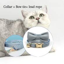 Customized: Luxury Velvet Sky Blue Personalized Cat Collar Bow Tie Leash Set, Customized Cat/Dog Name Tag, Comes With Golden Bell, Pet Engraved Gift - Multicolor - View 28