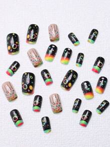 24 piezas de uñas postizas cuadradas de tamaño mediano, patrones ricos de un cielo estrellado soñador en acrílico brillante para mujeres y niñas, con pegamento y lima incluidos