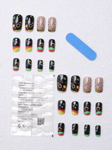 24 piezas de uñas postizas cuadradas de tamaño mediano, patrones ricos de un cielo estrellado soñador en acrílico brillante para mujeres y niñas, con pegamento y lima incluidos