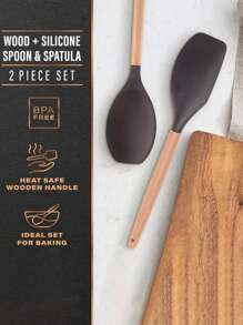 L'ensemble de cuillère à mélanger et spatule en silicone avec manches en bois, comprenant une spatule en silicone et une cuillère à mélanger, toutes deux avec des manches en bois résistants. L'ensemble de cuillère et spatule en silicone est conçu pour être pratique et durable.