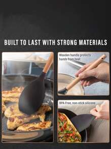 L'ensemble de cuillère à mélanger et spatule en silicone avec manches en bois, comprenant une spatule en silicone et une cuillère à mélanger, toutes deux avec des manches en bois résistants. L'ensemble de cuillère et spatule en silicone est conçu pour être pratique et durable.