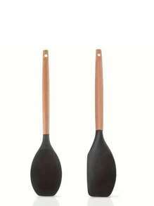 L'ensemble de cuillère à mélanger et spatule en silicone avec manches en bois, comprenant une spatule en silicone et une cuillère à mélanger, toutes deux avec des manches en bois résistants. L'ensemble de cuillère et spatule en silicone est conçu pour être pratique et durable.