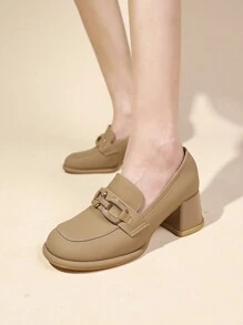 Giày lười đế vuông cổ điển cho nữ, mũi tròn, mềm mại và thoải mái, thời trang, xuân/thu - Màu Khaki - Xem 1