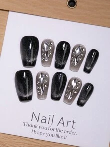 Black Glossy Cat'S Eye Bling Bling Manual Nails With Rhinestones Nail Decoration 100% Handmade Press On Nails 10Pcs Short Coffin Ballet Fake Nail Tips Reusable Nail Stickers For Daily Use And Party Nail Art Design Nail Supplies Nails