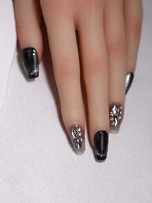 Black Glossy Cat'S Eye Bling Bling Manual Nails With Rhinestones Nail Decoration 100% Handmade Press On Nails 10Pcs Short Coffin Ballet Fake Nail Tips Reusable Nail Stickers For Daily Use And Party Nail Art Design Nail Supplies Nails