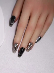 Black Glossy Cat'S Eye Bling Bling Manual Nails With Rhinestones Nail Decoration 100% Handmade Press On Nails 10Pcs Short Coffin Ballet Fake Nail Tips Reusable Nail Stickers For Daily Use And Party Nail Art Design Nail Supplies Nails