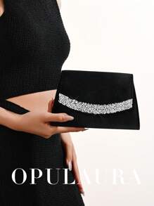 OpulAura 女士优雅秋冬奢华天鹅绒翻盖手拿包，闪亮水钻装饰简约时尚晚宴包，适合正式场合、派对/婚礼/活动、生日/圣诞节礼物，带链条 - 黑色 - 查看 8